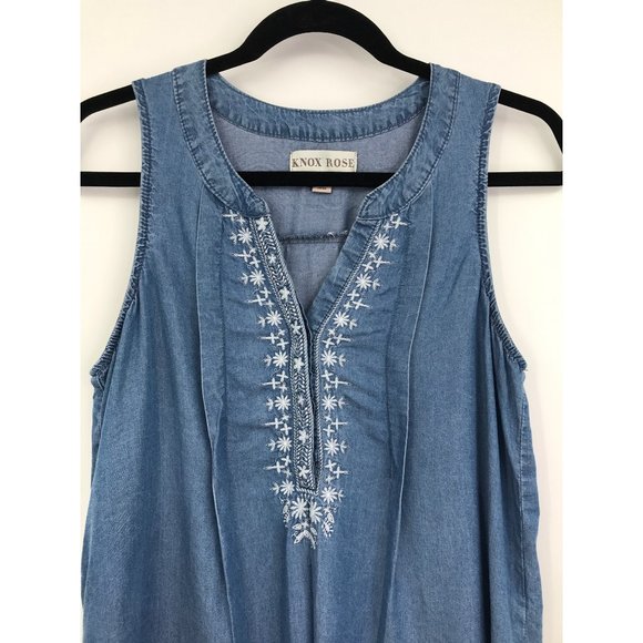 Knox Rose Sleeveless Hi Low Blue Chambray Embroidered Top Small - Picture 3 of 7